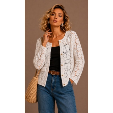 RG6025 – Cardigan alb Scurt Croșetat Ajurat Floral – Bumbac 100%