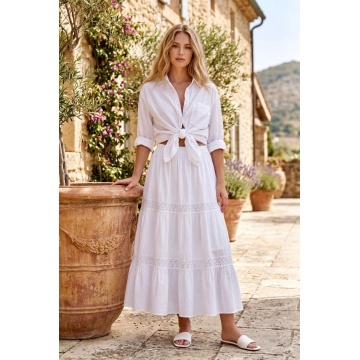 RG7052 Fustă alba Lungă Boho Elegance din Bumbac cu Inserții din Dantelă - Img 3