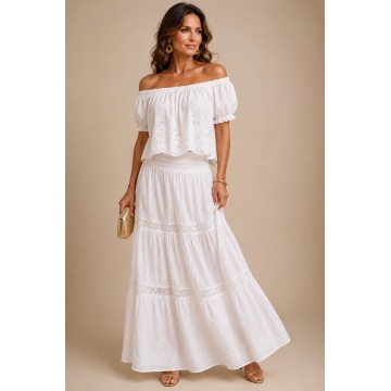 RG7052 Fustă alba Lungă Boho Elegance din Bumbac cu Inserții din Dantelă - Img 5