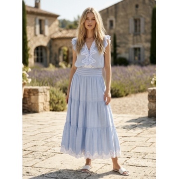 RG7055 Fustă midi light blue cu Volane și Tiv Brodat - Img 3