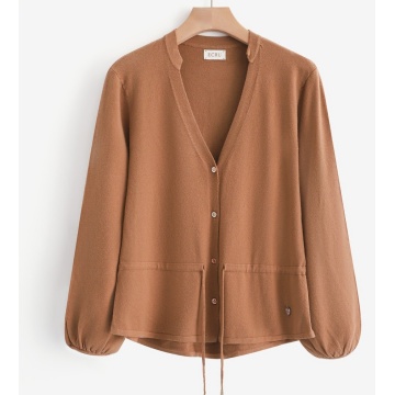 RG7143CA–Cardigan din tricot fin cu șnur reglabil în talie – Caramel - Img 2