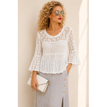 RG8077-1 ALB Bluză boho croșetată din bumbac 100% – Dantelă ajurată - Img 3