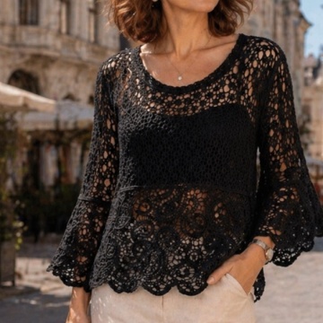 RG8109 – Bluză Openwork din Bumbac cu Mâneci Evazate – Stil Elegant Feminine– Bumbac 100% - Img 4
