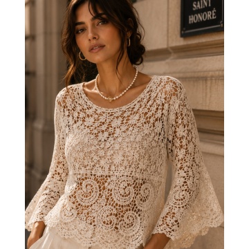 RG8109 – Bluză Openwork din Bumbac cu Mâneci Evazate – Stil Elegant Feminine– Bumbac 100%