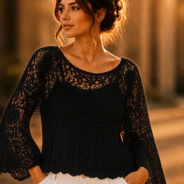 RG8110 NEGRU –Bluză Croșetată Ajurată – 100% Bumbac