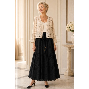 RG9036N–Fustă MIDI neagră din bumbac 100% cu broderie ajurată – Boho Elegance 40–46 - Img 2