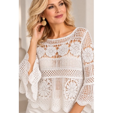 RGA235A –Bluză Boho Crochet Amélie – Alba–Bumbac 100%