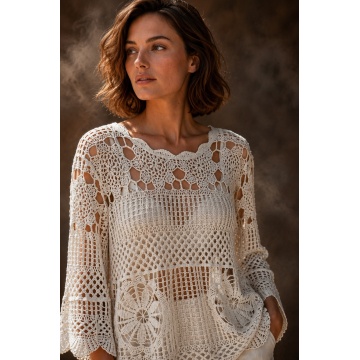 RGL202 – Bluză EU 40–46 (L–2XL) Openwork din Bumbac cu Mâneci Evazate – Stil Elegant Feminine– Bumbac 100% - Img 4