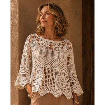 RGL202 – Bluză EU 40–46 (L–2XL) Openwork din Bumbac cu Mâneci Evazate – Stil Elegant Feminine– Bumbac 100%