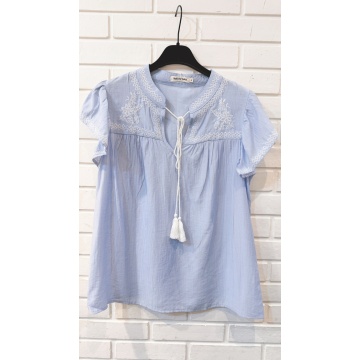 RGXF1169 Bluză bleu cu Broderie Contrast - Img 4
