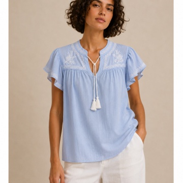 RGXF1169 Bluză bleu cu Broderie Contrast