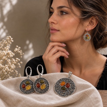 Set argint 925 „Amber Royal” – Pandantiv & Cercei cu chihlimbar multicolor
