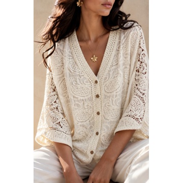 Cardigan Boho Oversize cu Nasturi și Broderie Ajurată – Crem RG2005C - Img 3
