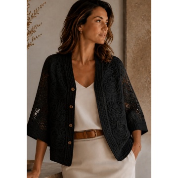 Cardigan Boho Oversize cu Nasturi și Broderie Ajurată – negru RG2005N