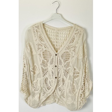 Cardigan CREM Boho Ajurat cu Broderie Florală – Crem, 100% Bumbac RG2002C - Img 3