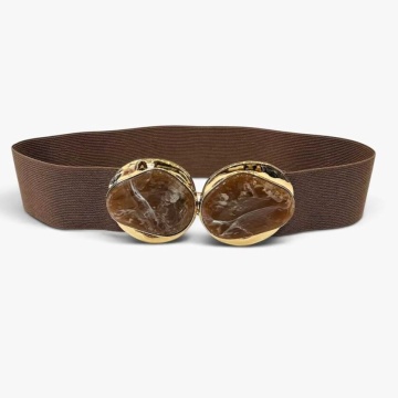 Curea Elastică Lată Damă cu Elemente din Rășină – Maron & Auriu | 6 cm RGCT-8471M