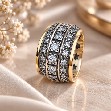 Inel Celestia din argint 925 și aur 14K cu zirconii – Design regal cu motive stelare - Img 3