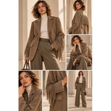 RG202293A–Sacou damă cu franjuri Western Chic – efect piele întoarsă, Taupe - Img 6