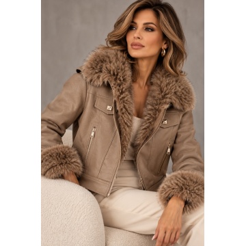 RG202342T–Jachetă Premium Taupe din Piele Ecologică cu Blană Faux