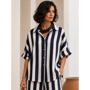 RG240 Set EU 42–46 (L–XXL) oversized din in și bumbac cu dungi Albastru marin- – Cămașă & Pantaloni Palazzo | Fabricat în Italia