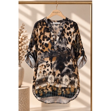 RG24633– XL–2XL Tunică Oversize din Vâscoză cu Imprimeu Floral & Leopard Camel – Wild Elegance - Img 2