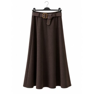 RG250057C Fustă Chocolate Midi Evazată Chevron cu Curea Împletită – Made in Italy
