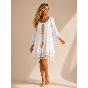 RG2977-9 ALB –Rochie / Tunică scurtă boho din bumbac cu broderie englezească și franjuri – Made in Italy, masura unica 36-44