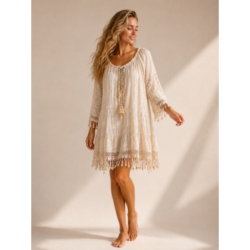 RG2977-9 BEJ –Rochie / Tunică scurtă boho din bumbac cu broderie englezească și franjuri – Made in Italy, masura unica 36-44