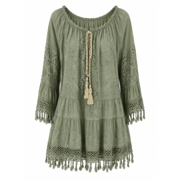 RG2977-9 Verde salvie -Rochie / Tunică scurtă boho din bumbac cu broderie englezească și franjuri – Made in Italy, masura unica 36-44 - Img 2