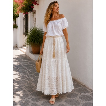 RG5106 Fustă Boho Midi din Dantelă cu Volane, Curea Împletită și Franjuri – Alb | Fabricată în Italia, marime 38-52 - Img 2