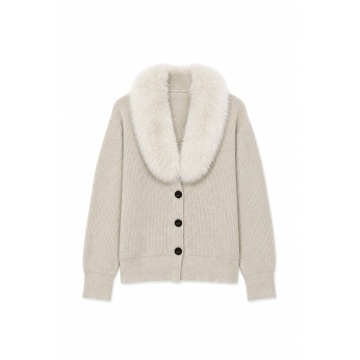 RG5397-5 - Cardigan Quiet Luxury cu Guler Detașabil din Blană – Ivory - Img 3