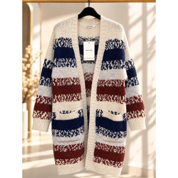 RG6007A–Cardigan lung damă Jacquard Chic – tricot călduros, model geometric, cu buzunare - Img 2