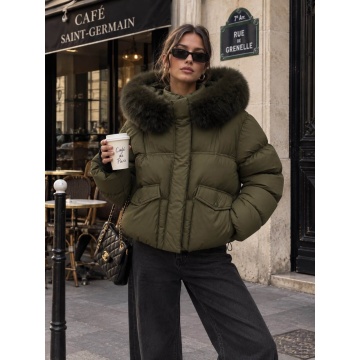 RG61001K Jachetă Kaki matlasată cu glugă și blăniță artificială – Oversized Chic - Img 3