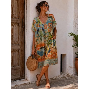 RG650961 Rochie midi din lurex cu imprimeu Paradis Tropical| Fabricată în Italia – Mărime unică potrivită pentru EU 46–52 (XL–3XL)