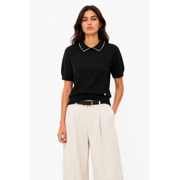 RG7122N Bluza neagra tricotată fin cu guler decorat cu microperle – Eleganță discretă - Img 3