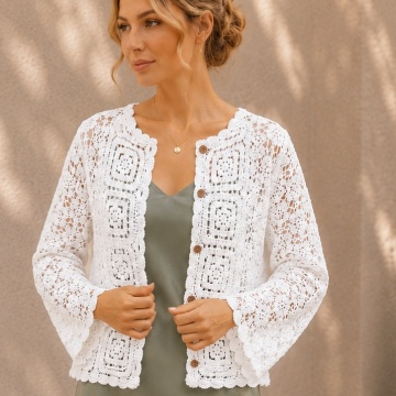 RG8128 – Cardigan Alb Croșetat Ajurat din Bumbac 100%