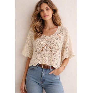 RG8145 CREM –Bluză Croșetată Ajurată – Eleganță Boemă din 100% Bumbac