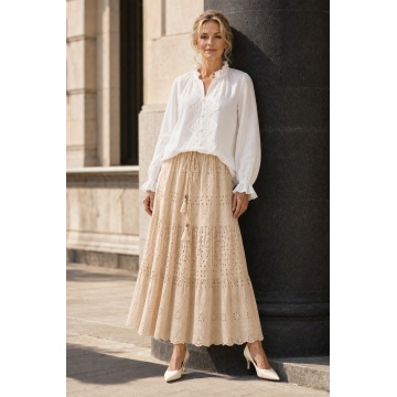 RG9036B–Fustă MIDI bej din bumbac 100% cu broderie ajurată – Boho Elegance 40–46 - Img 2