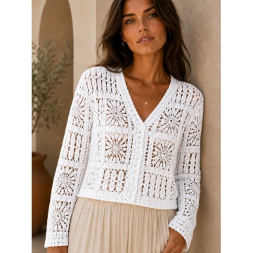 RG9288A–Cardigan scurt croșetat din bumbac 100% alb (S-M)