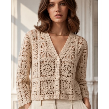 RG9288C–Cardigan croșetat din bumbac 100% CREM (S-M)