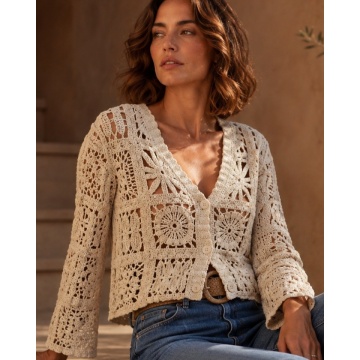 RG9288C–Cardigan scurt croșetat din bumbac 100% CREM (S-M)