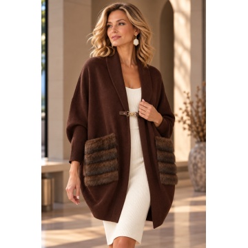 RG93032M-Cardigan Maro Oversize Cocon cu Buzunare din Blană – Bijoux