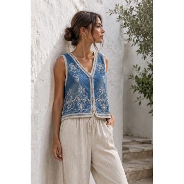 Vestă din Denim Brodată cu Dantelă și Nasturi din Lemn RGR6969 - Img 3
