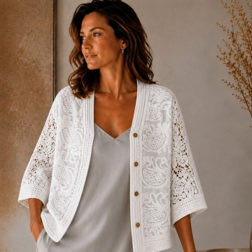 Bluză boho chic oversize din bumbac, cu broderie ajurată – alb RG2005A