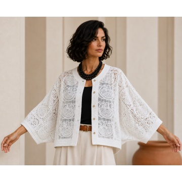 Bluză boho chic oversize din bumbac, cu broderie ajurată – alb RG2005A