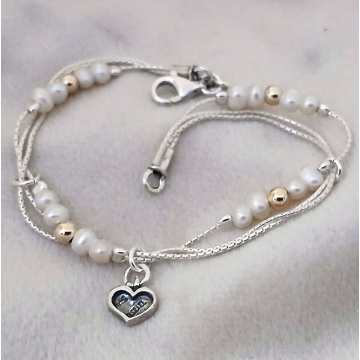 Brățară din Argint cu Perle, Accente Goldfilled și Charm Inimă B397