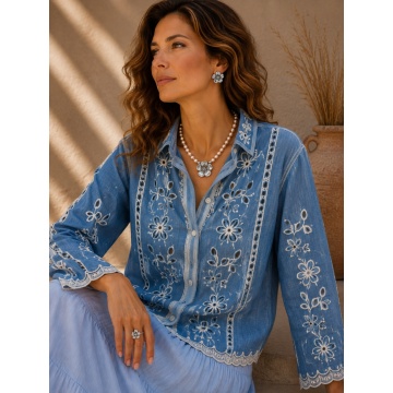 Cămașă din Denim Brodată cu Decupaje Ajurate RGR6968