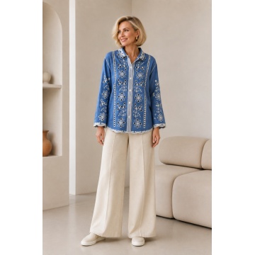 Cămașă din Denim Brodată cu Decupaje Ajurate RGR6968 - Img 6