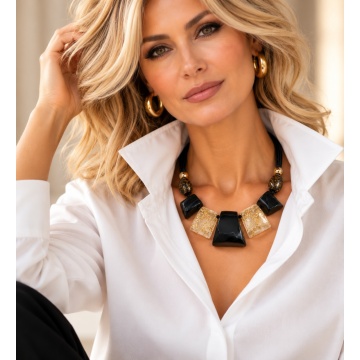 Colier Statement cu Forme Geometrice – Negru & Foiță Aurie RG2WY12