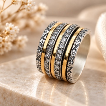 Inel Amarélis din argint și aur 14K cu zirconii – model floral rafinat